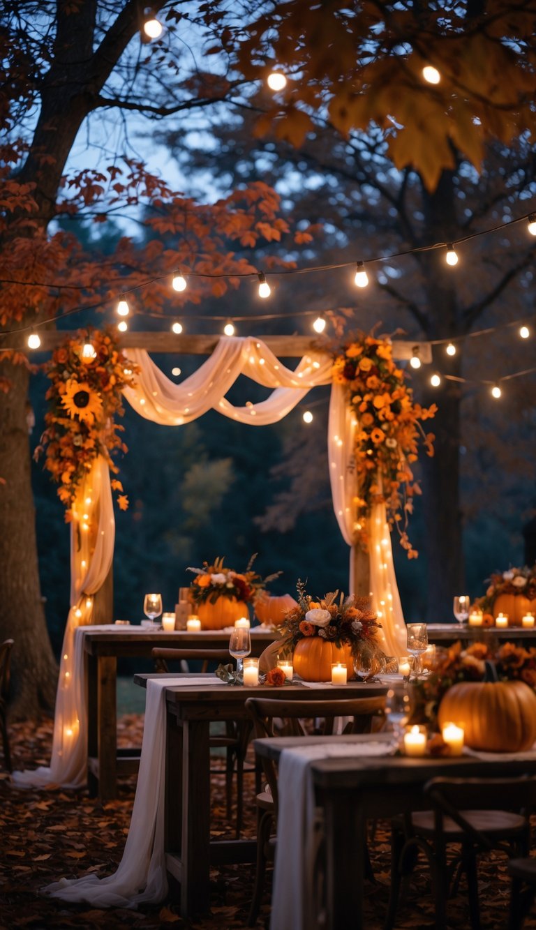 An outdoor fall wedding scene at dusk with warm amber fairy lights glowing above a decorated wooden arch and rustic tables surrounded by autumn leaves.
